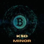 A glowing teal Bitcoin symbol centered within a digital blockchain network sphere with gold KSD MINOR branding.