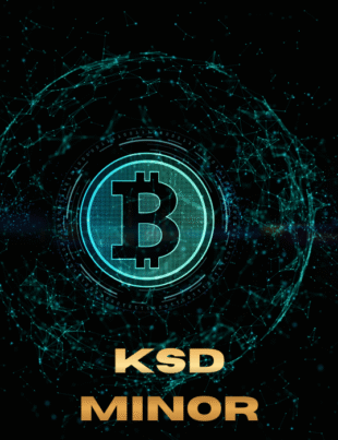 A glowing teal Bitcoin symbol centered within a digital blockchain network sphere with gold KSD MINOR branding.
