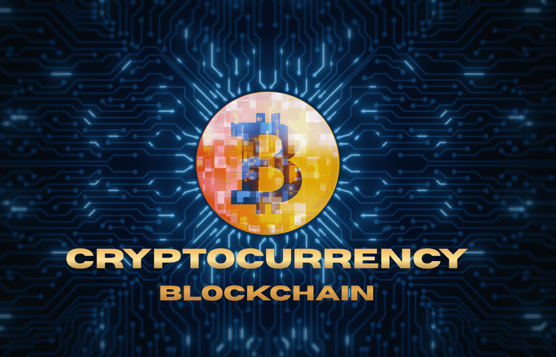 A golden Bitcoin symbol centered on a blue glowing digital circuit board background with the text Cryptocurrency Blockchain.