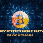 A golden Bitcoin symbol centered on a blue glowing digital circuit board background with the text Cryptocurrency Blockchain.