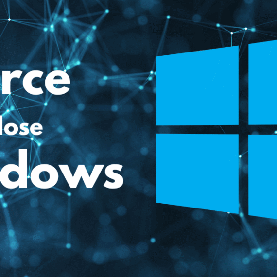 Windows logo with "Force Close Windows" text on blue mesh.