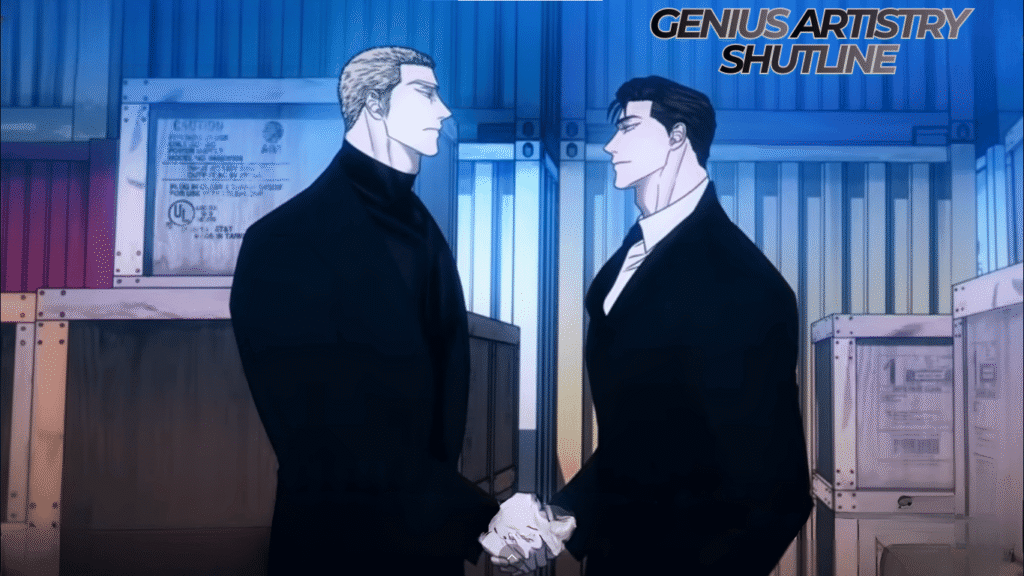 An intense scene from the animation Shutline featuring Jake in a brown suit leaning toward Moon Shin-gun, who is seated in a plaid shirt.