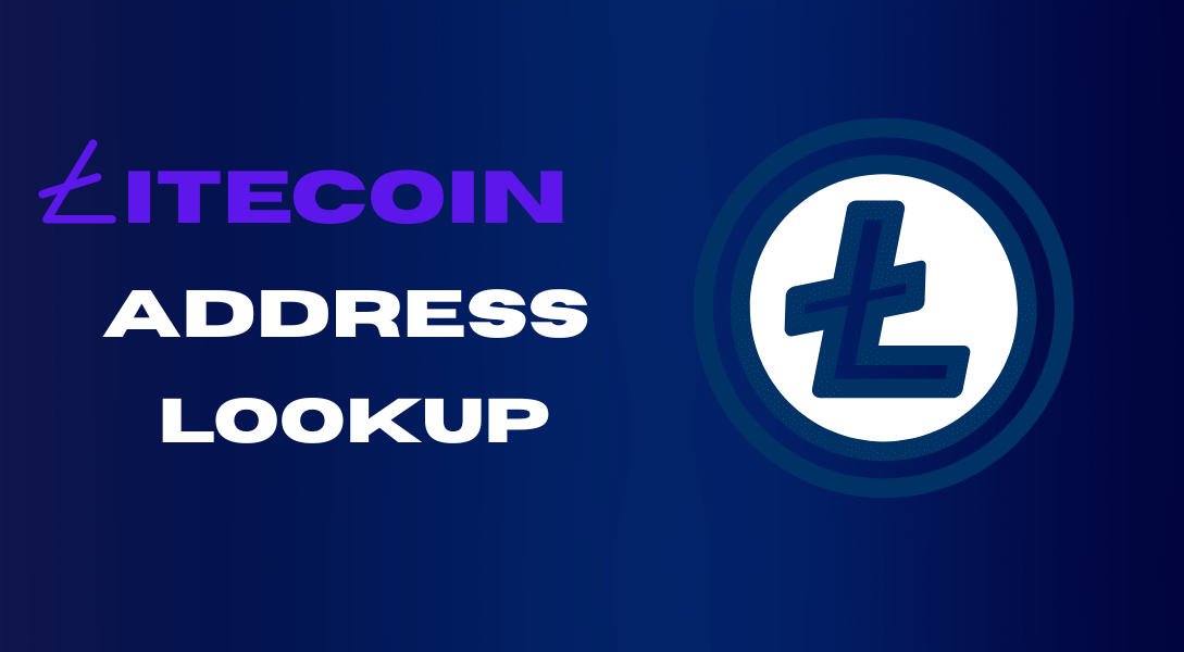 A dark blue graphic with the text 'LITECOIN ADDRESS LOOKUP' and the white-and-blue Litecoin logo.