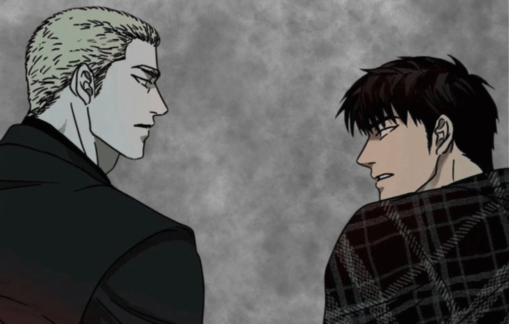 Close-up of characters facing off in Shutline ch 1.