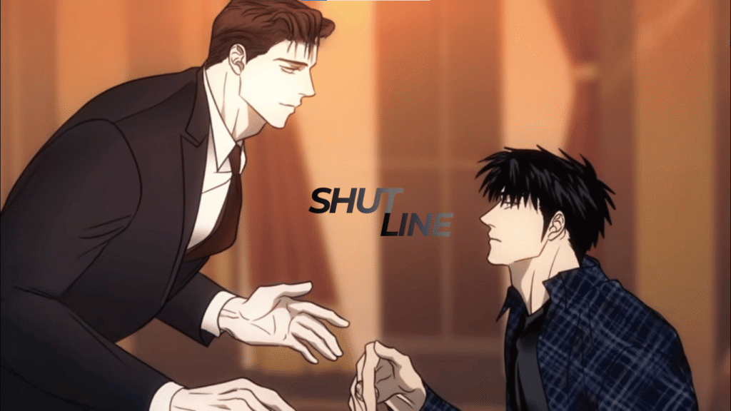 An intense scene from the animation Shutline featuring Jake in a suit leaning toward Moon Shin-gun.