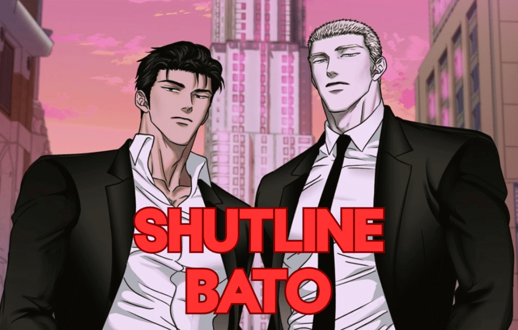 Shutline Bato webtoon characters in suits at sunset.