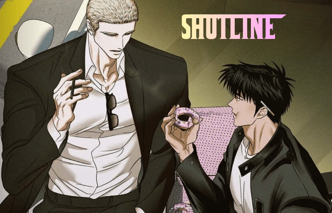 Two men from the manhwa Shutline sharing a donut.