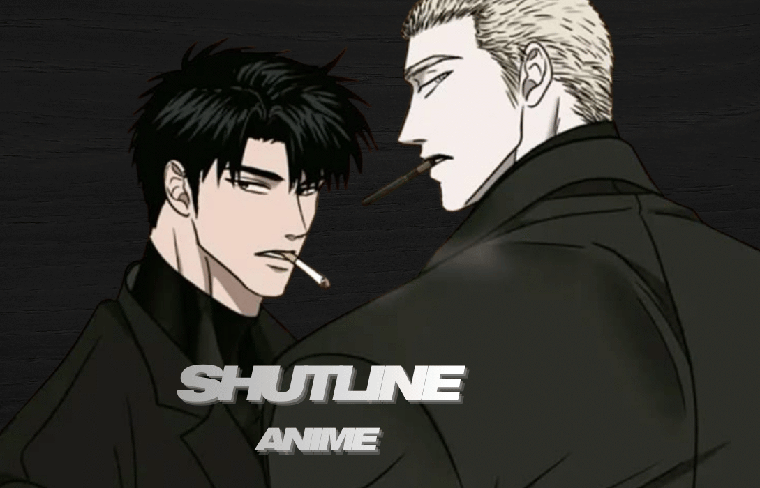 Two men in black suits smoking against a dark background.