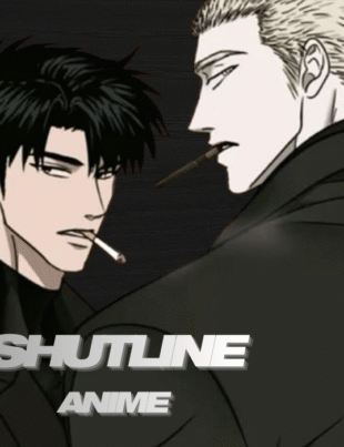 Two men in black suits smoking against a dark background.