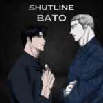 Main characters Jake and Moon Shin gun from the BL manhwa Shutline bato by Kyoungyun, standing face to face in a dark gritty anime art style.