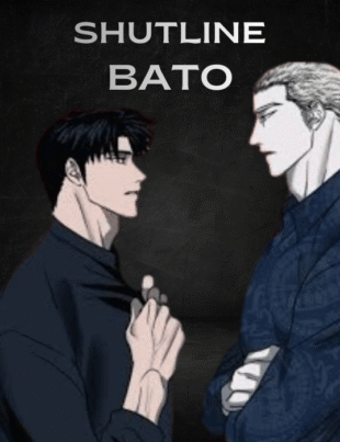 Main characters Jake and Moon Shin gun from the BL manhwa Shutline bato by Kyoungyun, standing face to face in a dark gritty anime art style.