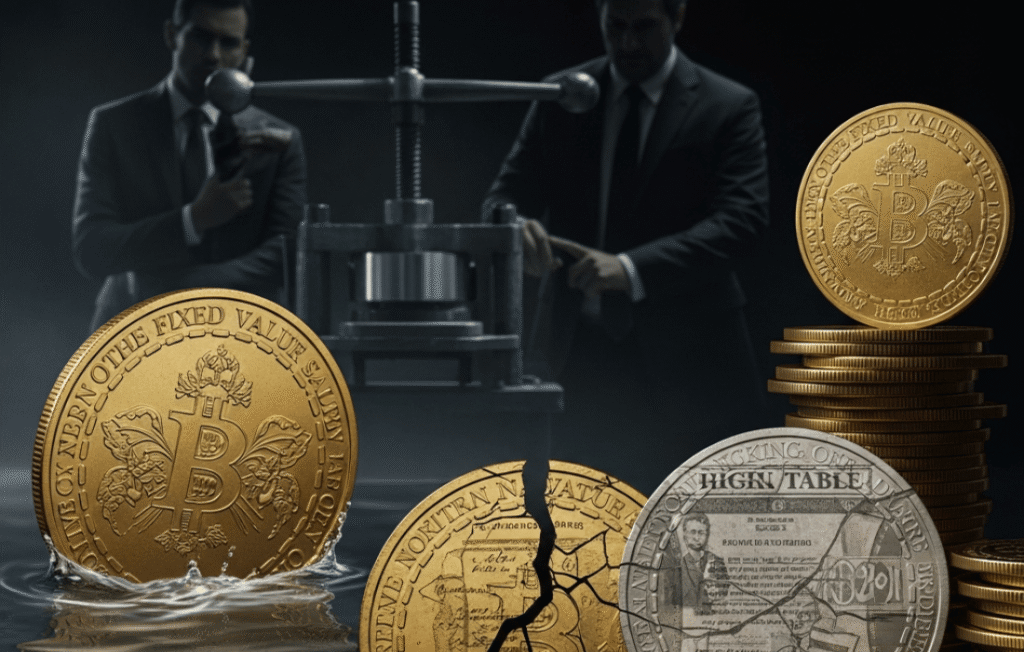 A cinematic composition featuring gold Bitcoin-style coins with John Wick motifs, including a coin splashing in water, a cracked coin, and a silver "High Table" coin, with men in suits operating a coin press in the background.