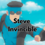 Superhero in blue and black suit with Steve Invincible