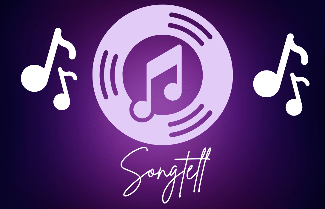 Song tell logo with vinyl record and musical notes.
