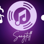 Song tell logo with vinyl record and musical notes.
