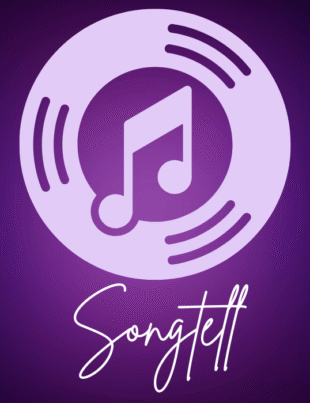 Song tell logo with vinyl record and musical notes.