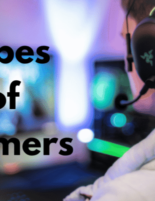 Person in headset at PC titled Types of Gamers.