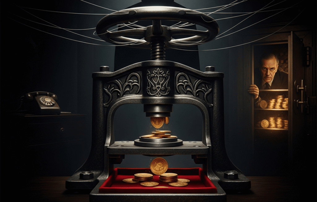 A cinematic, moody scene featuring a large, ornate vintage coin press minting gold Continental coins from John Wick, with a man looking out from a glowing safe filled with gold in the background.