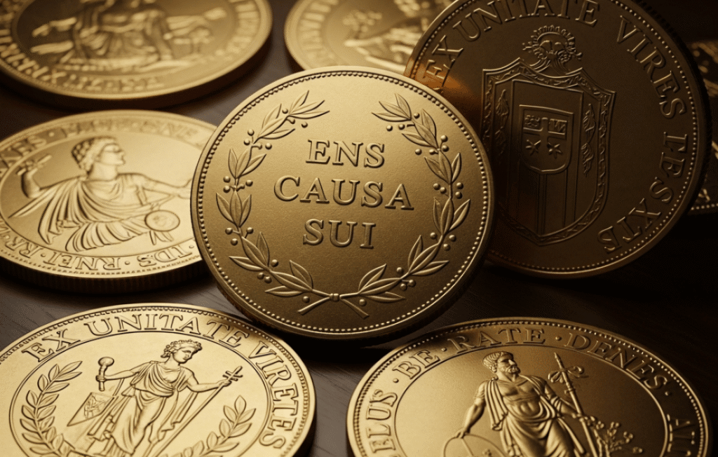 Close-up of gold Continental coins from John Wick scattered on a wooden surface, with the center coin prominently displaying the Latin phrase "ENS CAUSA SUI" inside a laurel wreath.