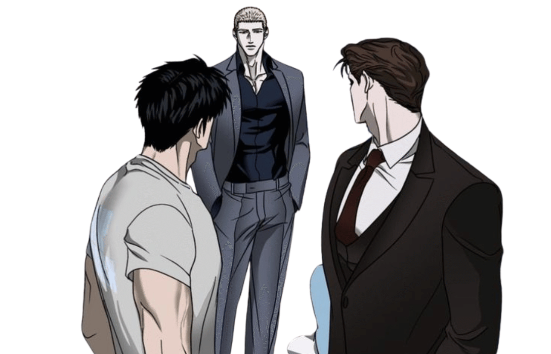 Shutline ch 1: Three muscular men in a tense standoff.
