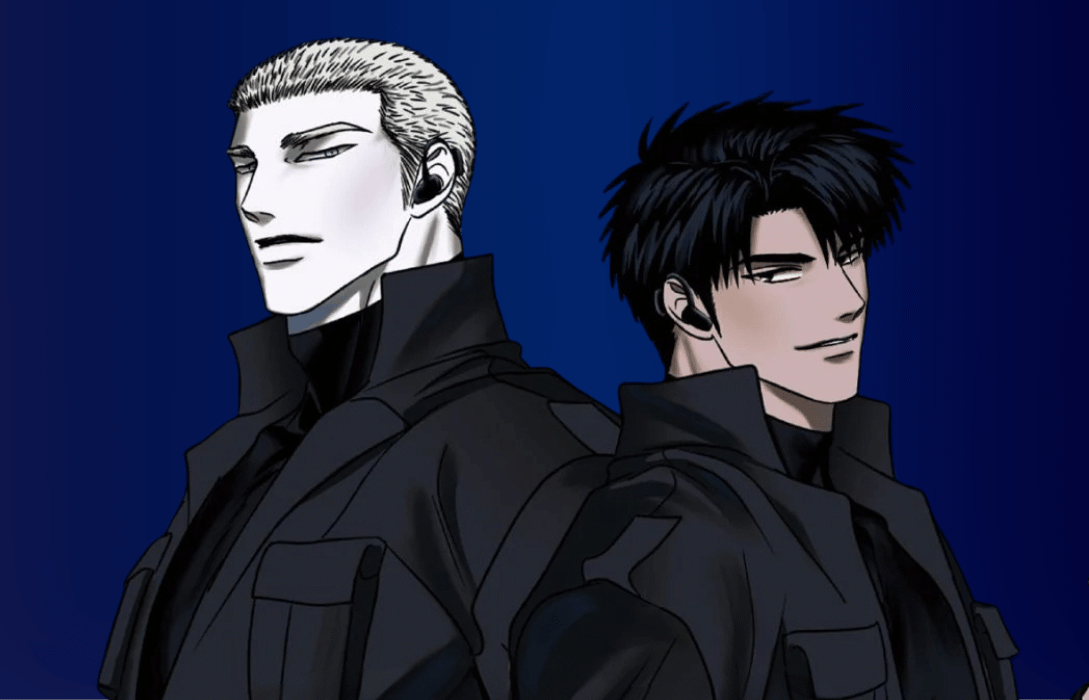 An intense profile view of Jake and Moon Shin-gun from the BL manhwa Shutline, showing their height difference against a dark, textured background.
