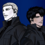 An intense profile view of Jake and Moon Shin-gun from the BL manhwa Shutline, showing their height difference against a dark, textured background.