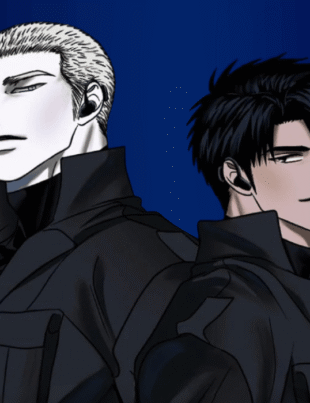 An intense profile view of Jake and Moon Shin-gun from the BL manhwa Shutline, showing their height difference against a dark, textured background.