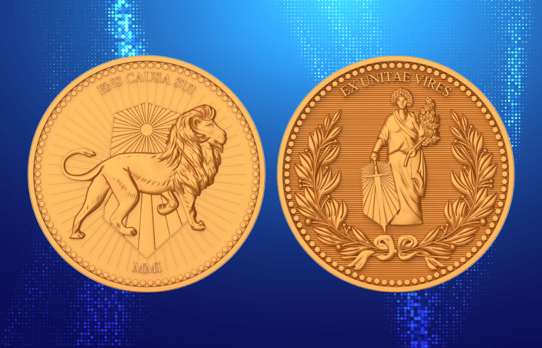 Gold John Wick coin featuring a lion and a blind lady.