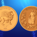 Gold John Wick coin featuring a lion and a blind lady.