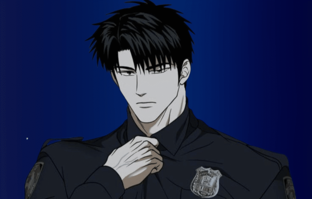 hutline Shin Geon in a black police officer uniform.