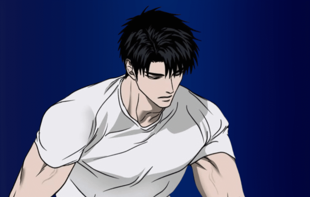 Shutline Shin Geon in a white t-shirt looking down.