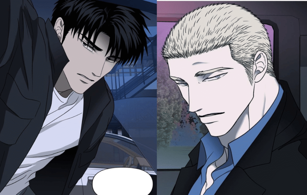 Jake leaning into a car and Shingun's side profile.