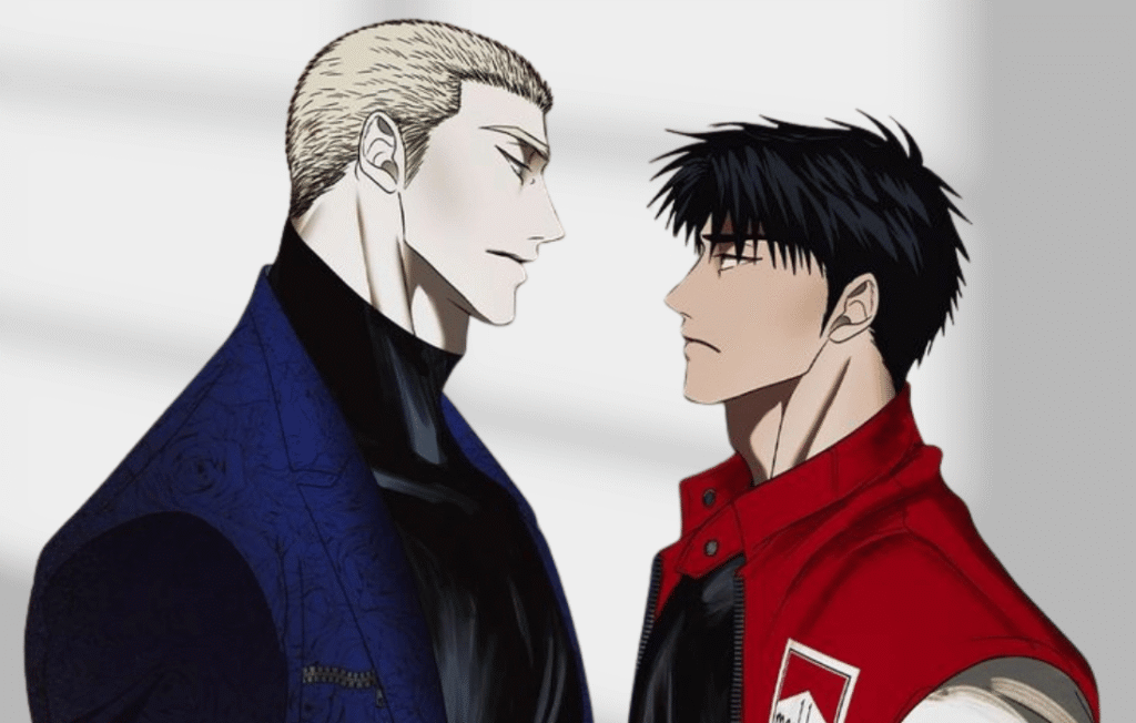 Jake and Shin from the Shutline Animation Video standing face-to-face in a high-tension profile shot against a light background.