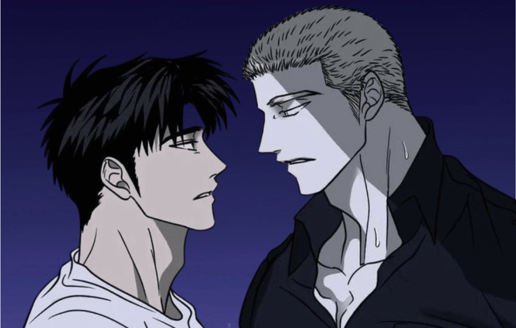 Jake and Shin-gun looking at each other, Shutline ch 18.