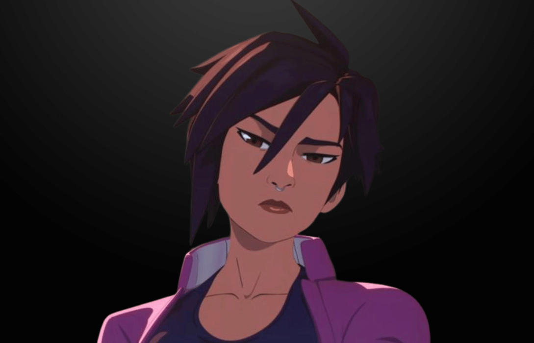 Short-haired anime woman with a stern look, invisigal.