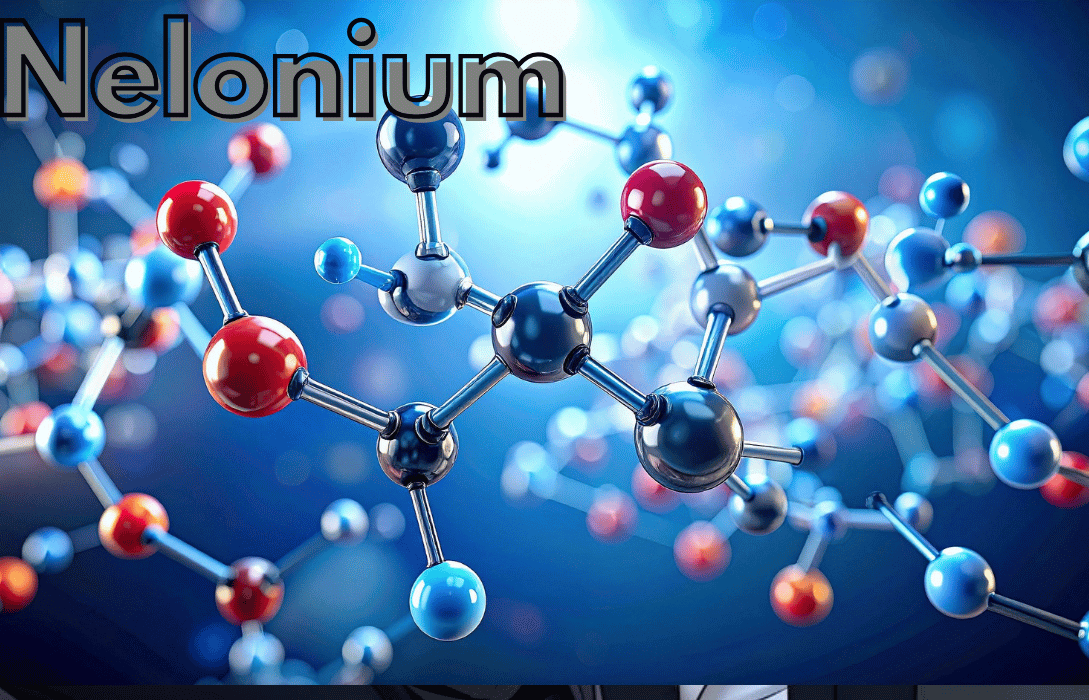 Nelonium molecular structure model in blue and red.