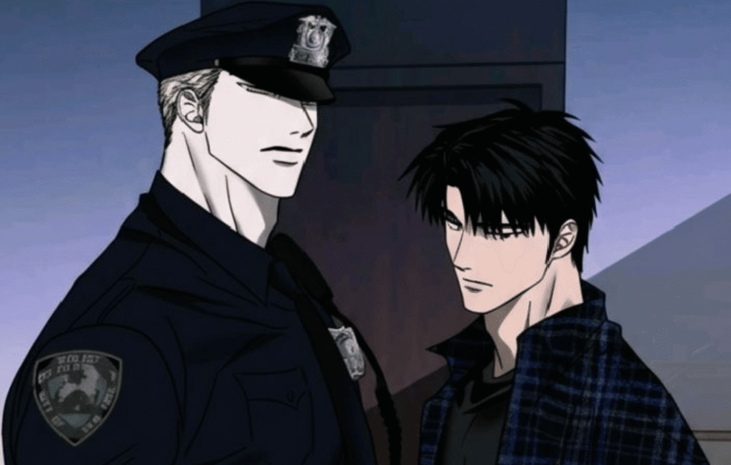 Jake and Moon Shin from Shutline Anime Ep 1 in a standoff.