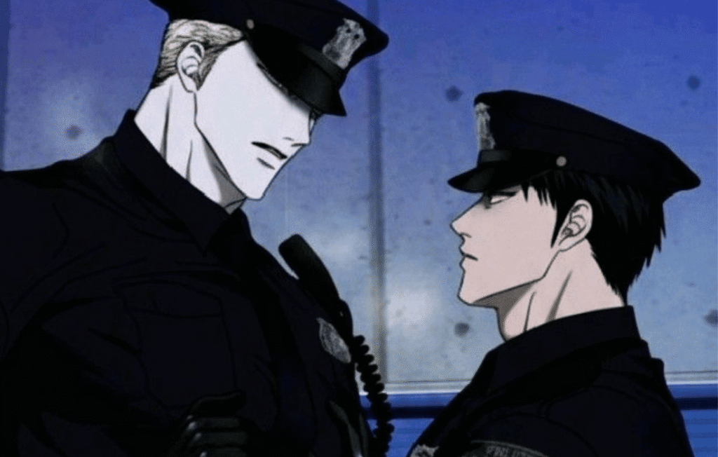 Jake and Moon Shin in Shutline Anime Ep 1 police uniforms.