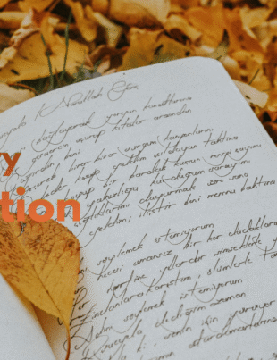 Poetry Narration handwritten in an open notebook.