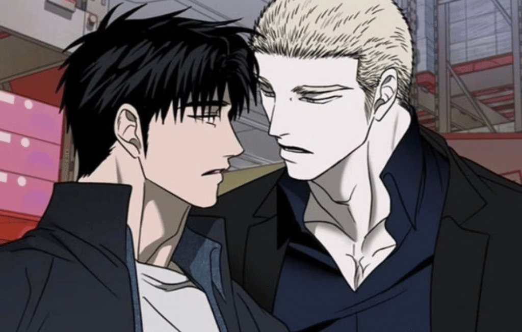 Jake leans in close to Moon Shin-gun in Shutline bl manga.