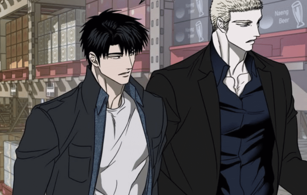 Jake and Moon Shin-gun walking in a warehouse in shutline bl manga.