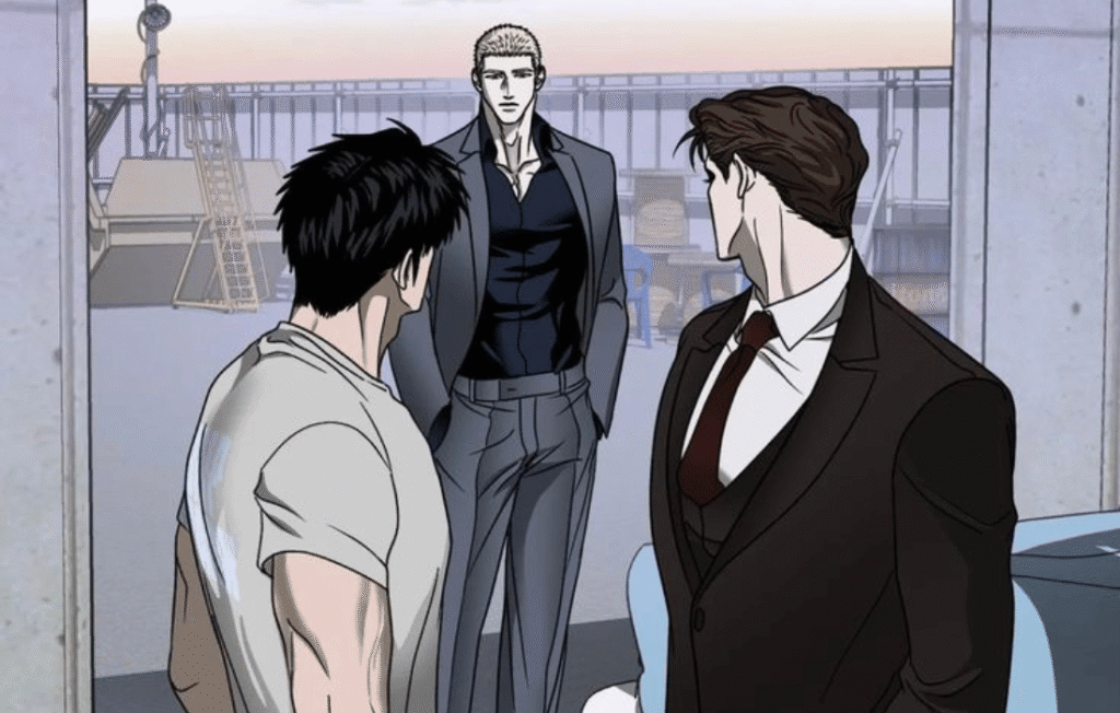 Three men standing in an industrial setting in shutline comic. 
