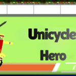 Pixel athlete balancing on a unicycle hero holding javelin