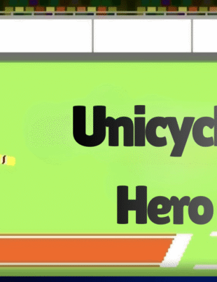 Pixel athlete balancing on a unicycle hero holding javelin