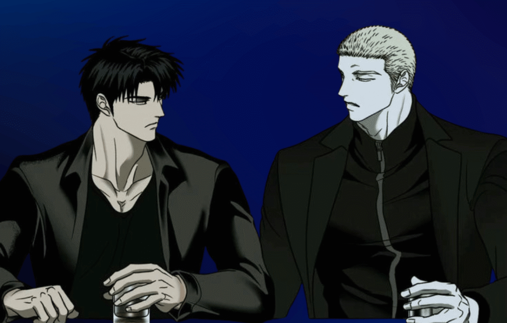 Jake and Moon Shin-gun sitting together in Manhwa Shutline.