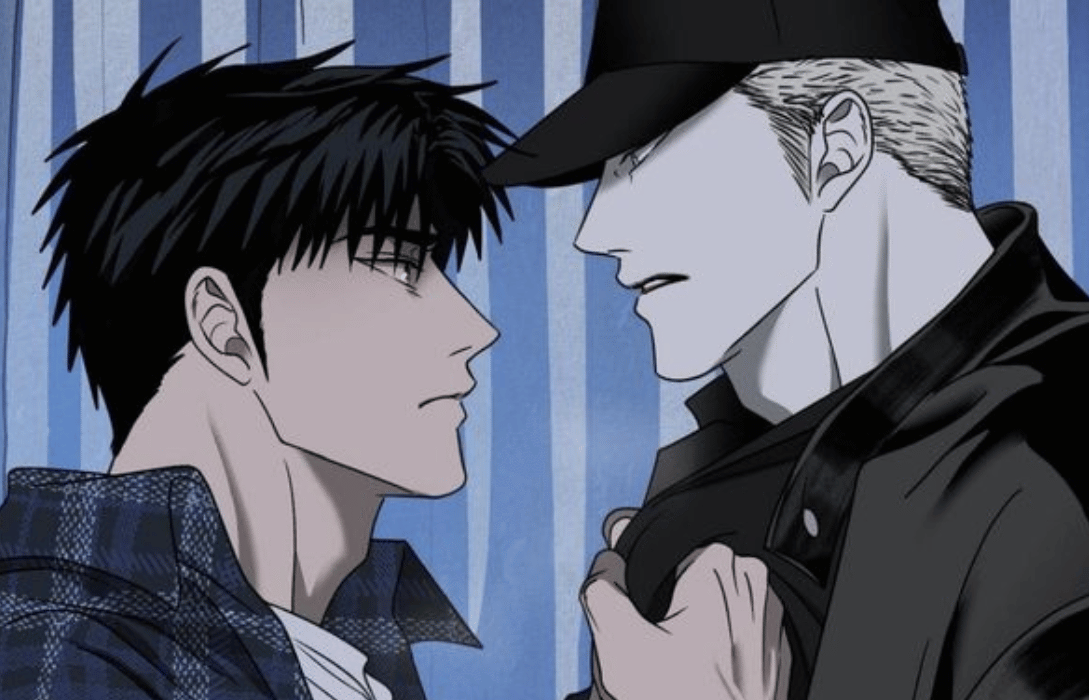 Two men face each other intensely in a shutline chapter.