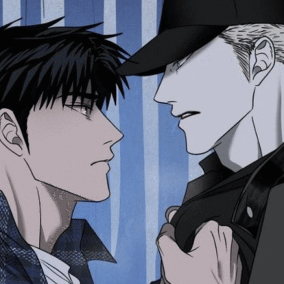 Two men face each other intensely in a shutline chapter.