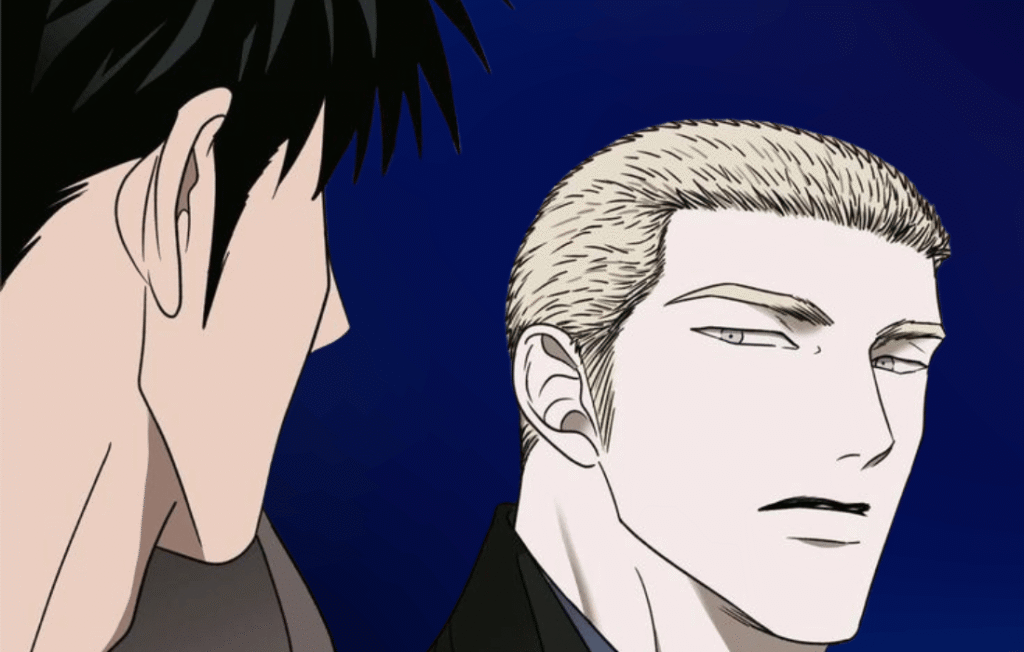 Jake looking back at Shin-gun in a Shutline chapter panel.