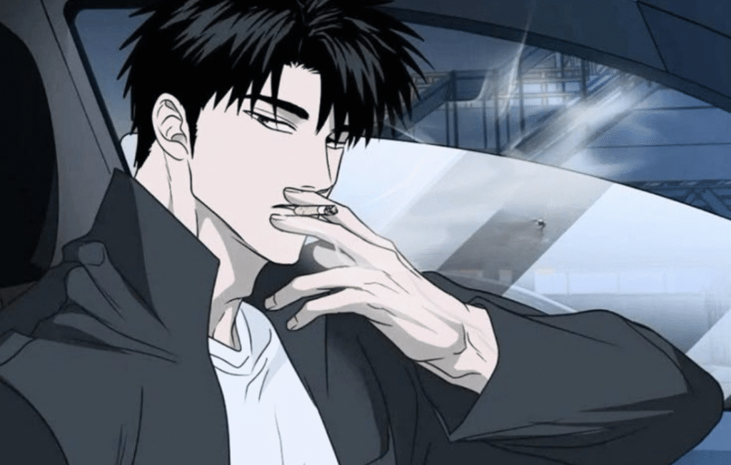 Moon Shin-gun smoking in a car in a Shutline chapter panel.