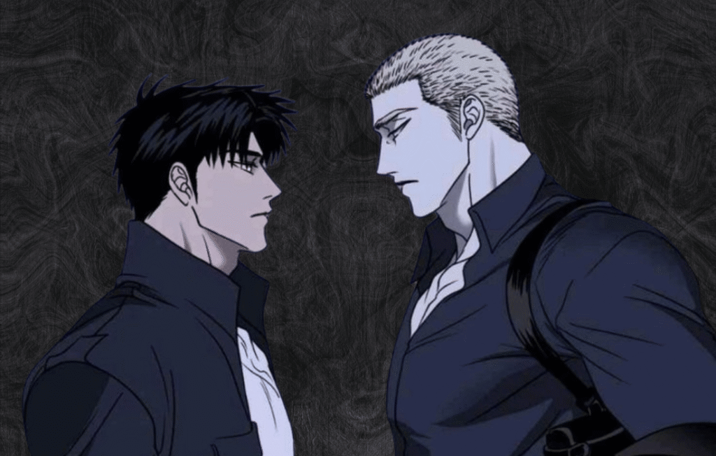 Two men in dark shirts facing each other in profile.